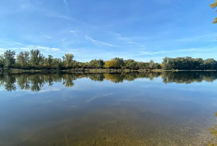 Blick auf die Donau bei Altenwörth bei strahlend blauem Himmel. Das Wasser der Donau ist klar und reflektiert Himmel und Wolken.